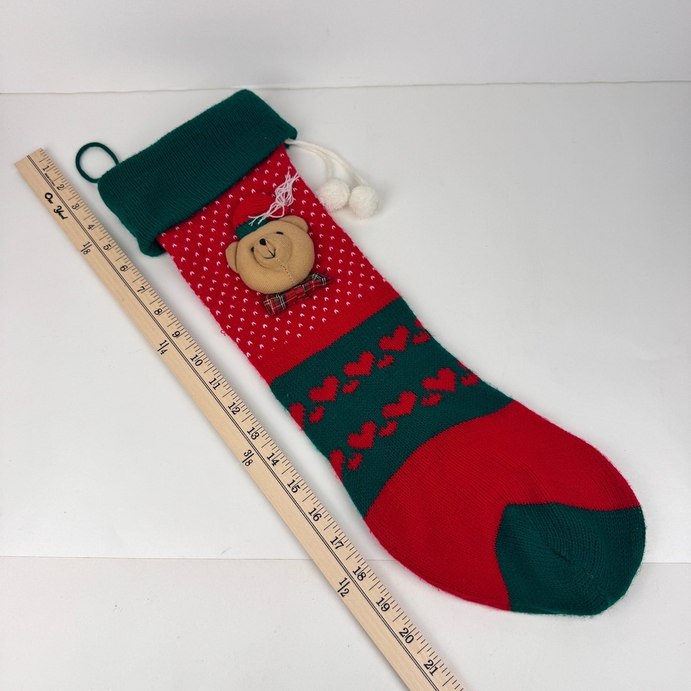 Vtg Knit Christmas Holiday Stocking‎ Teddy Bear w Plaid Bow Tie Red Green 20in